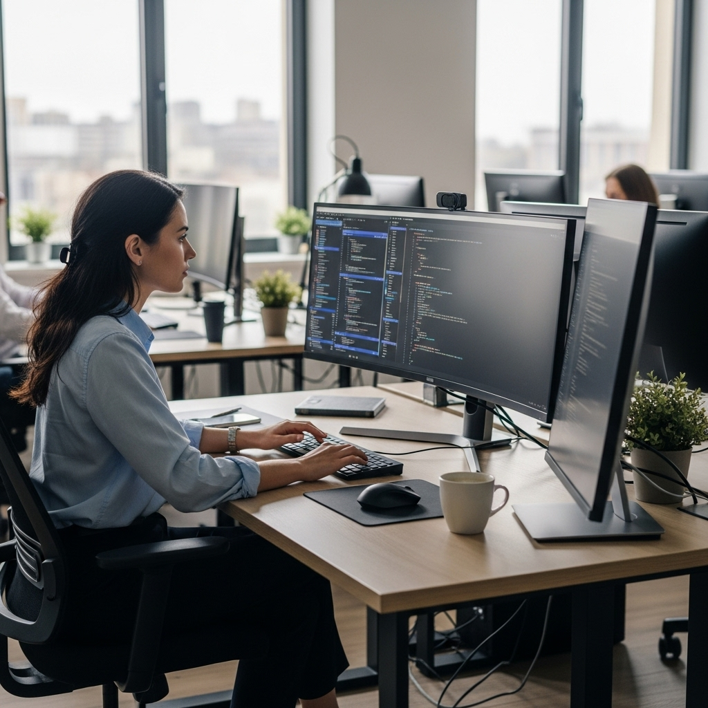 Mulher profissional trabalhando no computador - TG PRISMA